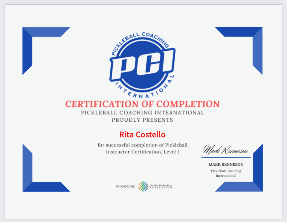 Pickleball Coaching International Level I Certification — Rita Costello